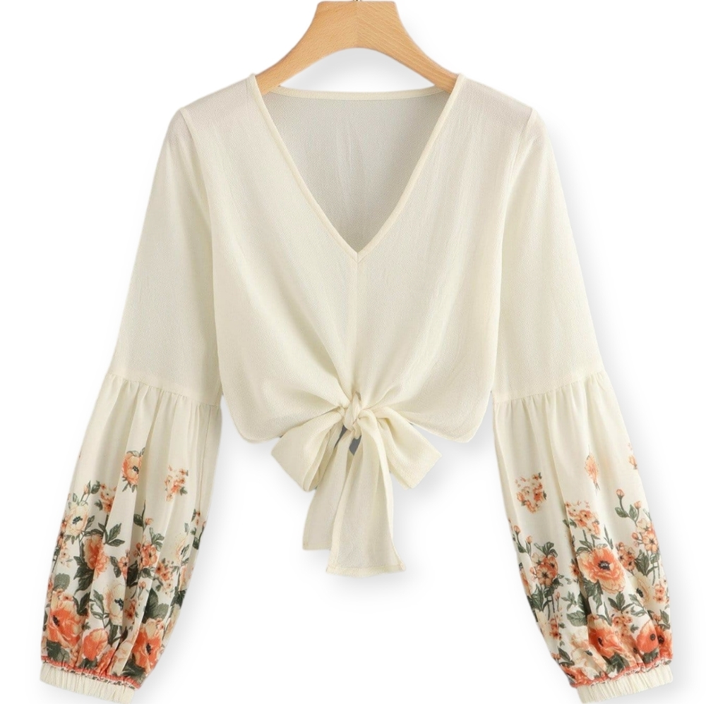 Shein Pebble Georgette Floral Balloon Sleeve Tie Top
